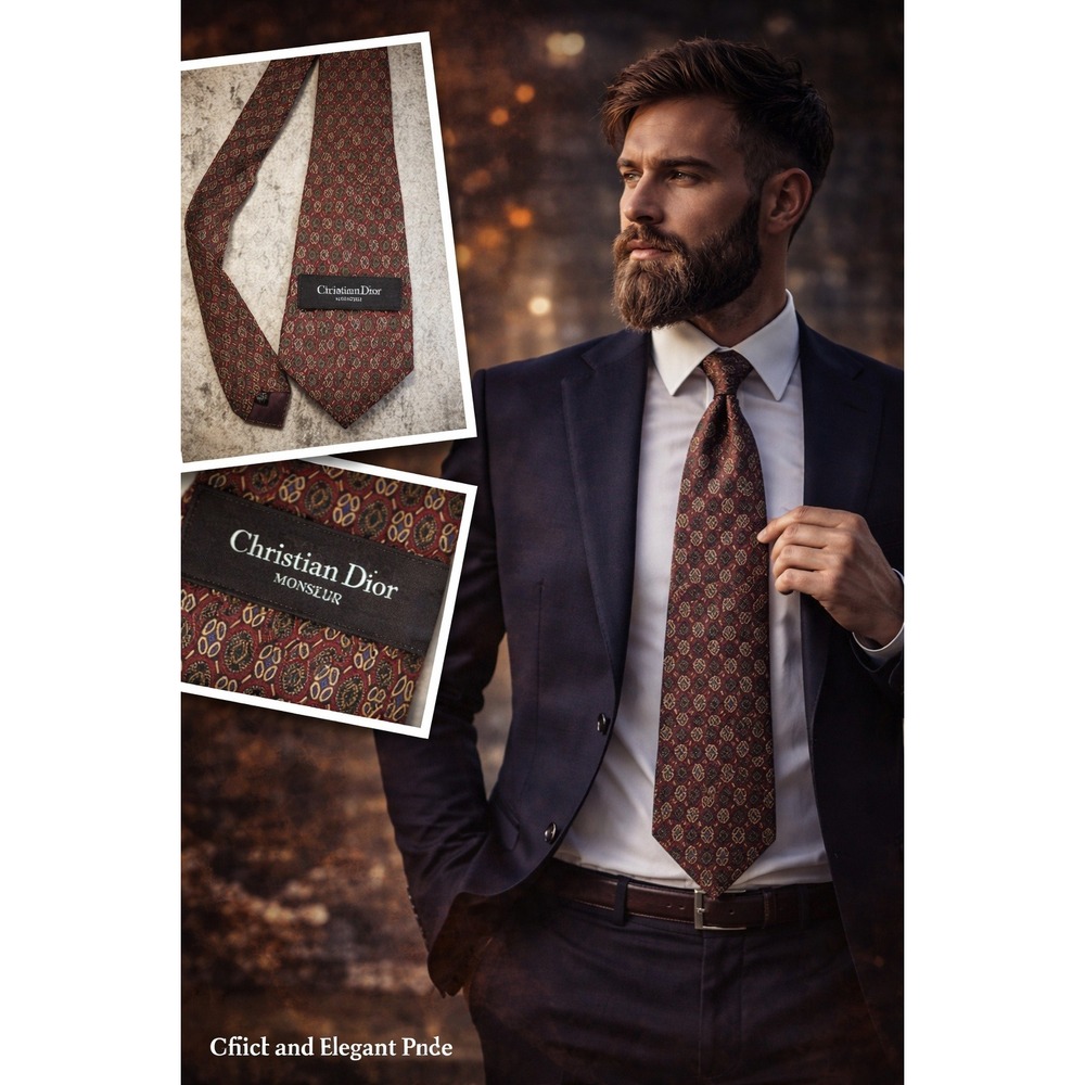 VTG Christian‎ Dior Monsieur Tie Burgundy Gold Geometric Designer Silk
